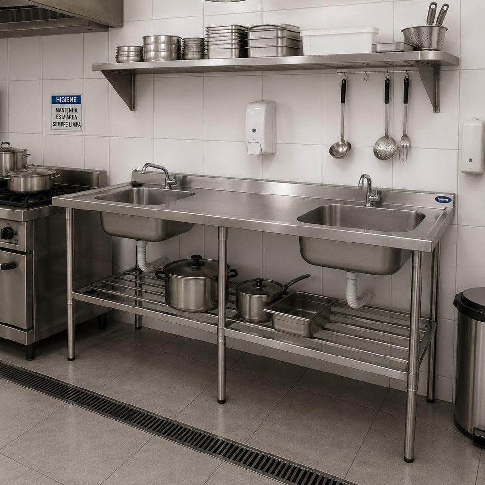 Bancada Mesa 200x70 Inox 430 Com 2 Cubas 50x40x25 Com Grade Inferior - Imeca 6816