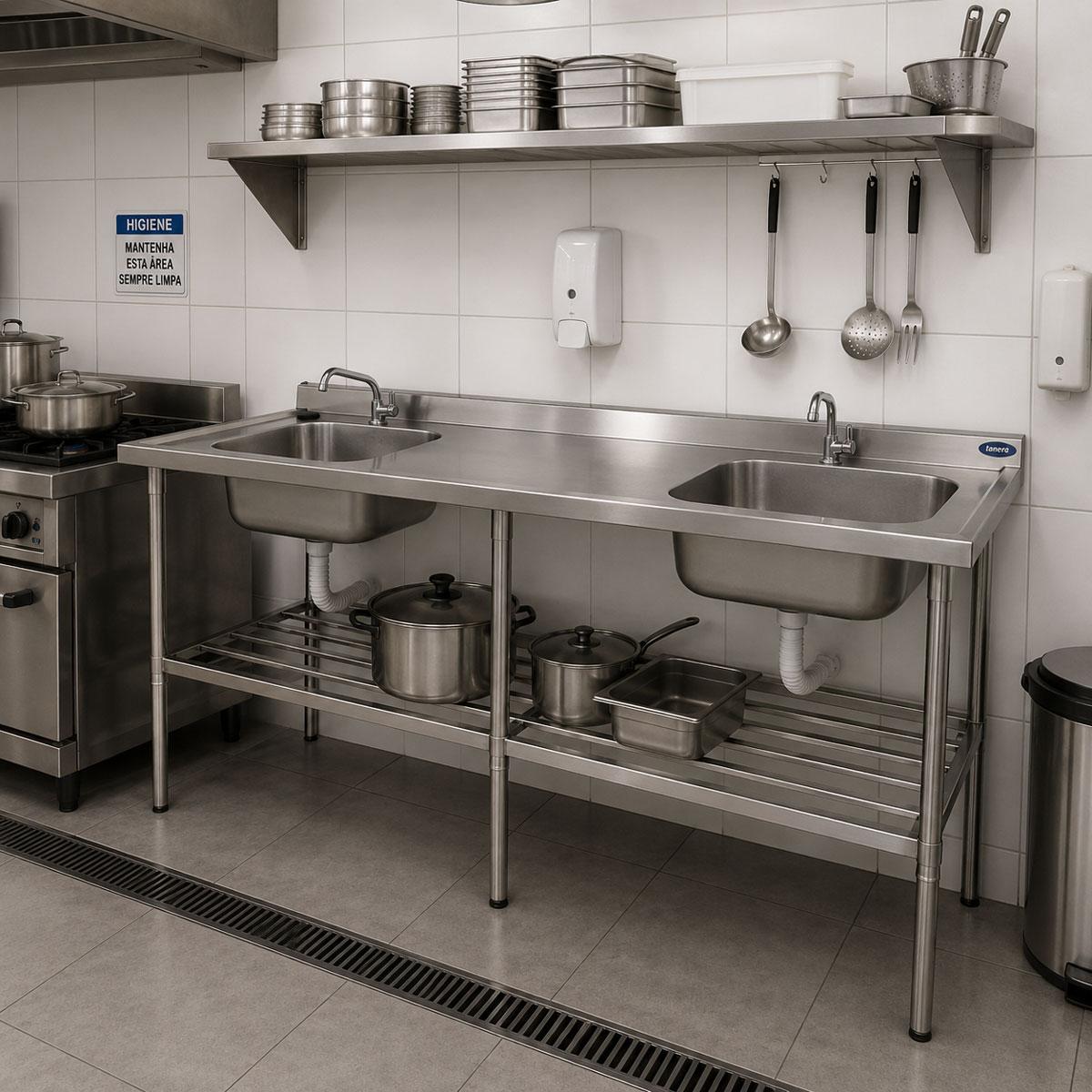 Bancada Mesa 200x70 Inox 430 Com 2 Cubas 50x40x25 Com Grade Inferior - Imeca 6816