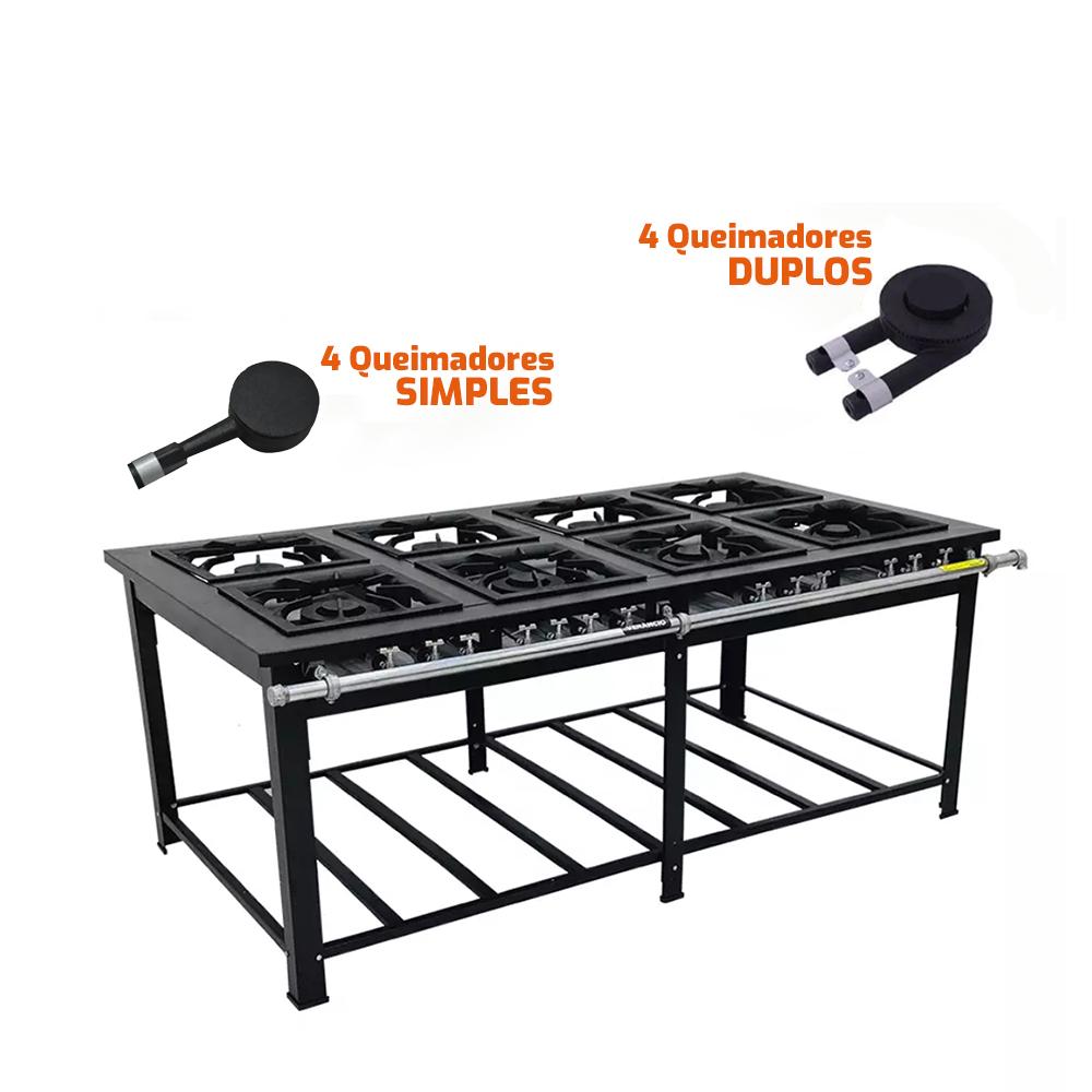 Fogão a Gás Baixa Pressão Industrial Maxi 40x40 8 Bocas 4 duplas M8D4 - Venâncio