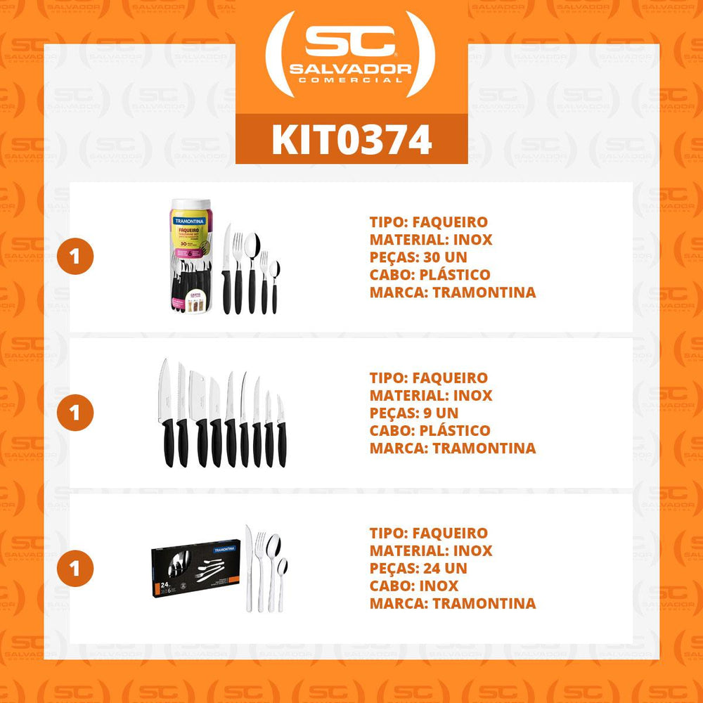 Kit - 1 Faqueiro Inox 30 Peças + 1 Conjunto Facas 9pç + 1 Faqueiro Inox 24pç - Tramontina