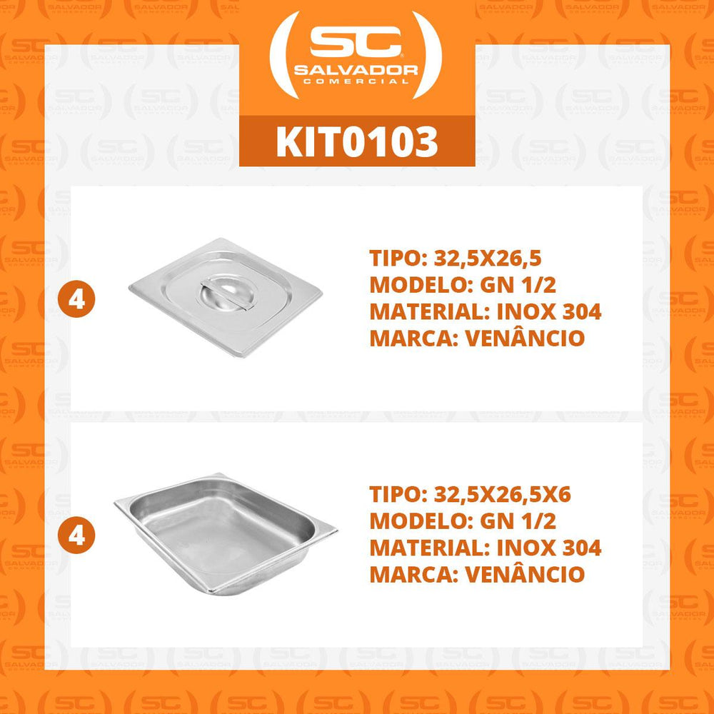 Kit Cuba Gastronômica Inox 4 Peças GN 1/2 Fria Profissional 325x265x60mm + 4 Tampas - Venâncio