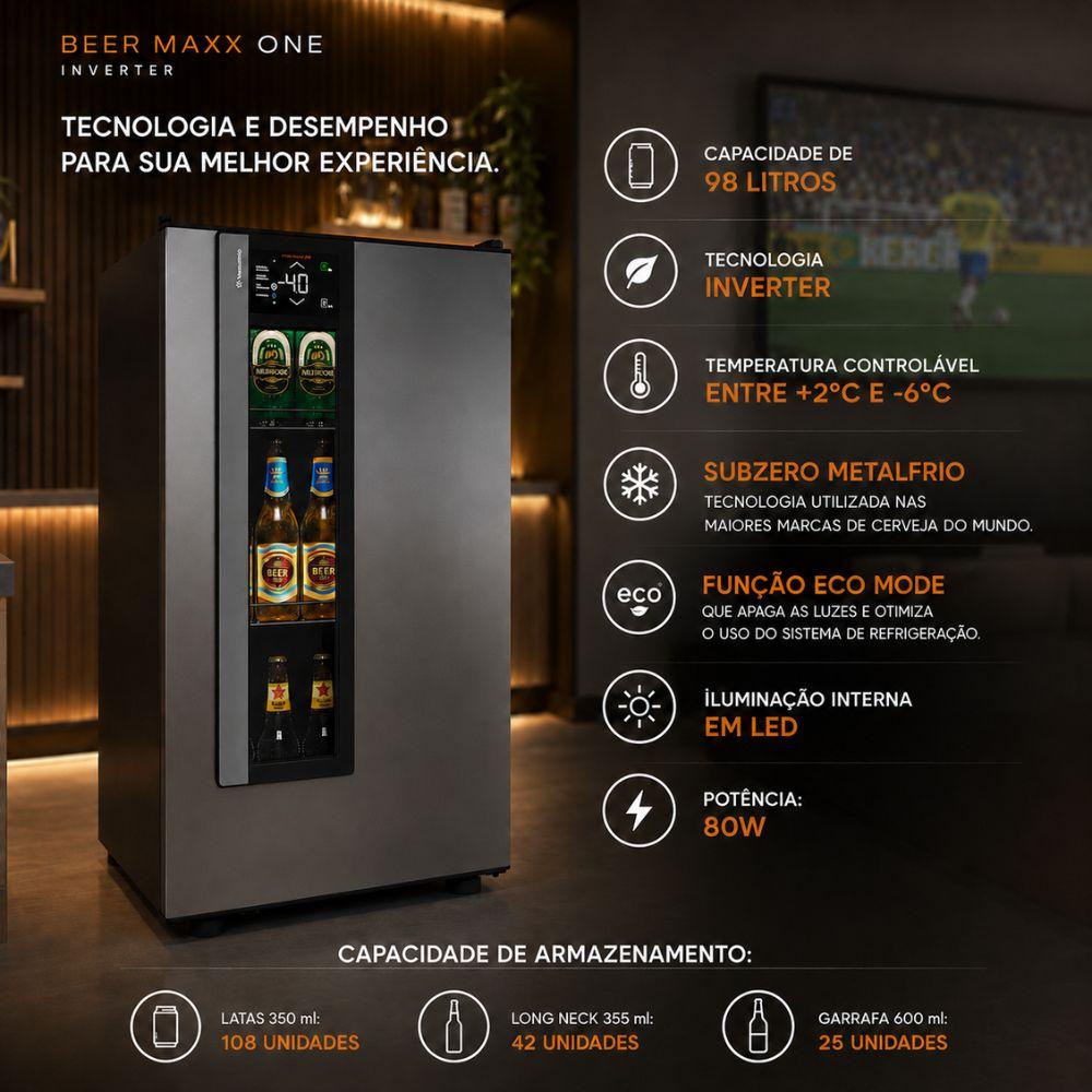 SEMINOVO - Cervejeira Beer Maxx One Inverter 98l Porta Inox Digital +2 a -6ºc Vn12tpi 127v + Transformador Bivolt - Metalfrio