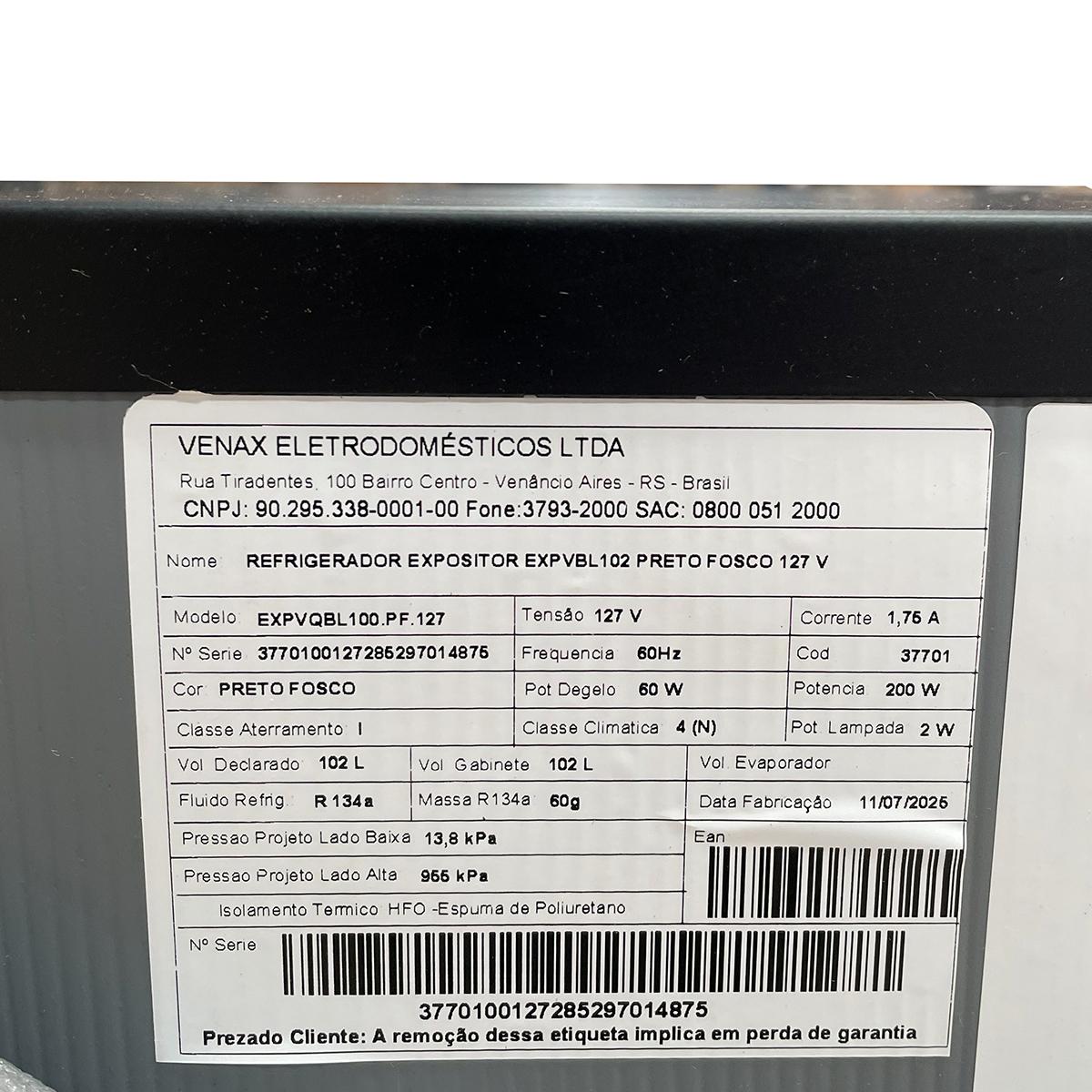 SEMINOVO - Visa Cooler Expositor Cervejeiro Porta Vidro 100L Blue Light EXPVQBL100 127V - Venax