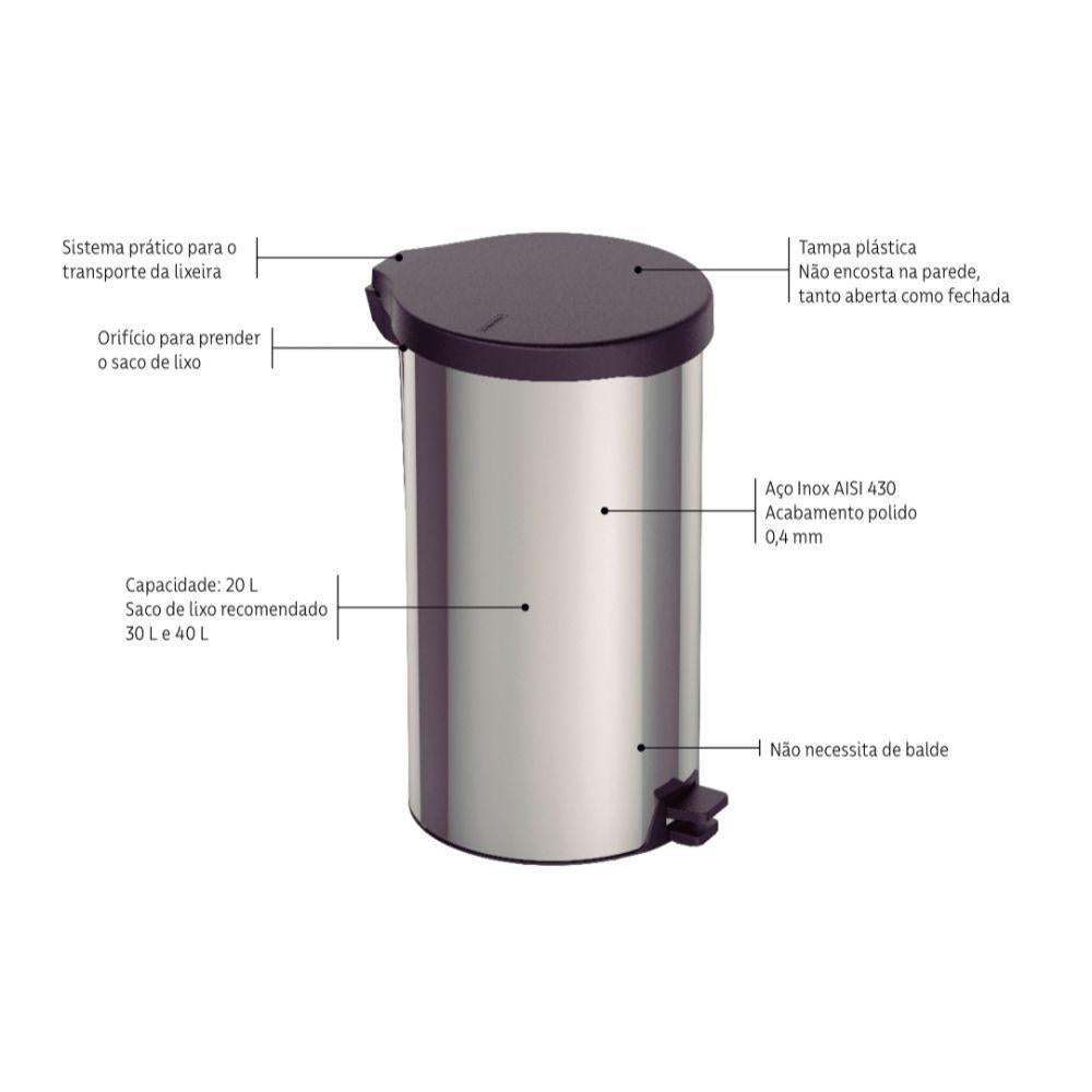 Lixeira Com Pedal em Aço Inox Com Acabamento Polido New 20 Litros - Tramontina 94538720