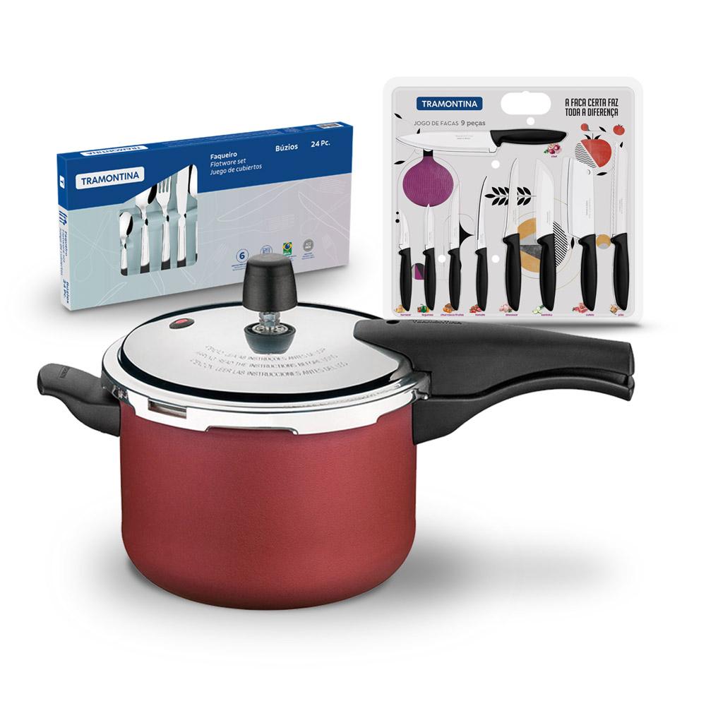 Kit Panela de Pressão 4,5 Vermelha + 1 Conjunto Facas 9pç + 1 Faqueiro Inox 24pç - Tramontina