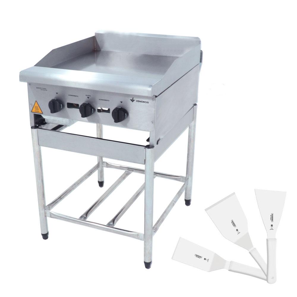 Chapa Americana Profissional 60cm a Gás 18mm Lisa Inox Com Pé CGP60 e Conjunto de Espátulas - Venâncio