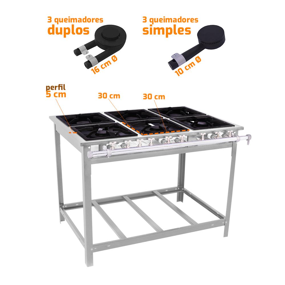 Fogão Industrial 6 Bocas 3 Duplas a Gás Comercial Extra Inox 30x30 EI6D3E - Venâncio