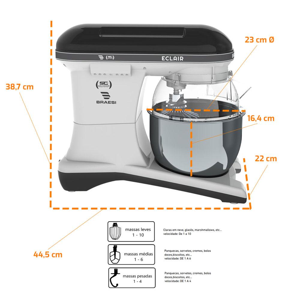 Batedeira Planetária Profissional Eclair 10 Velocidades 5l 1500w Bp-500 Preta Bivolt - Braesi