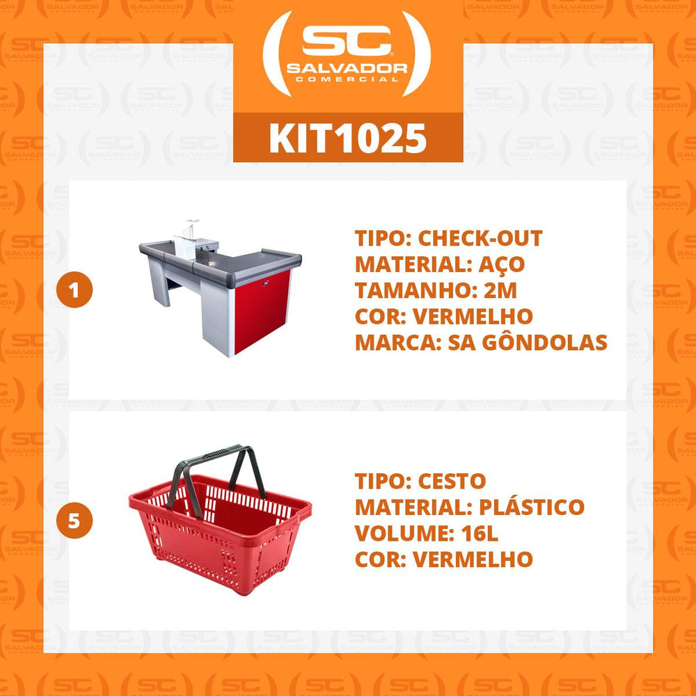Kit Caixa De Supermercado Empacotador Check-Out 2,00m Recorte + 5 Cestos De Compras Vermelho