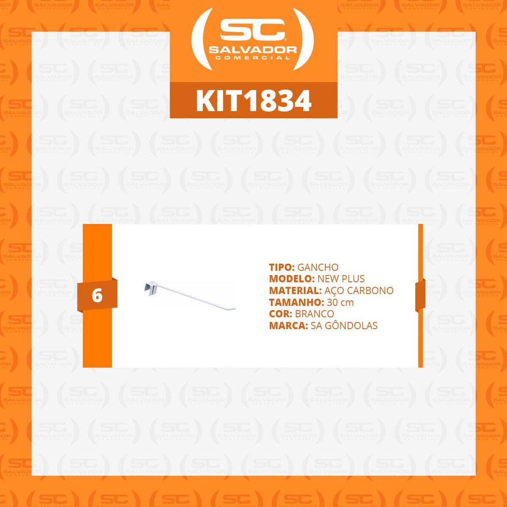 KIT - 6 Ganchos Simples 30cm Branco para Gôndolas New Plus - Sa Gôndolas
