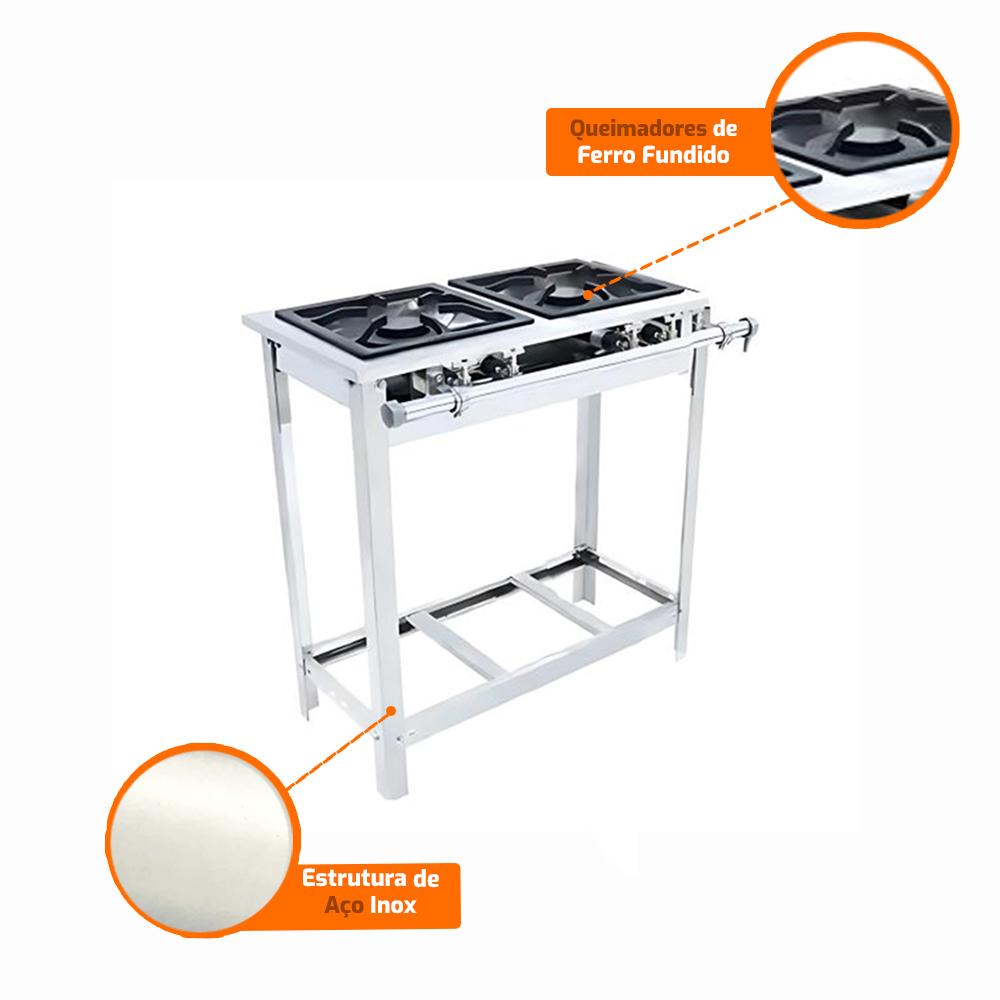 Fogão a Gás Extra Inox Para Cozinha Industrial Grelha 30cm 2 Bocas 2 Dupla Com pé Ei2d2p - Venâncio
