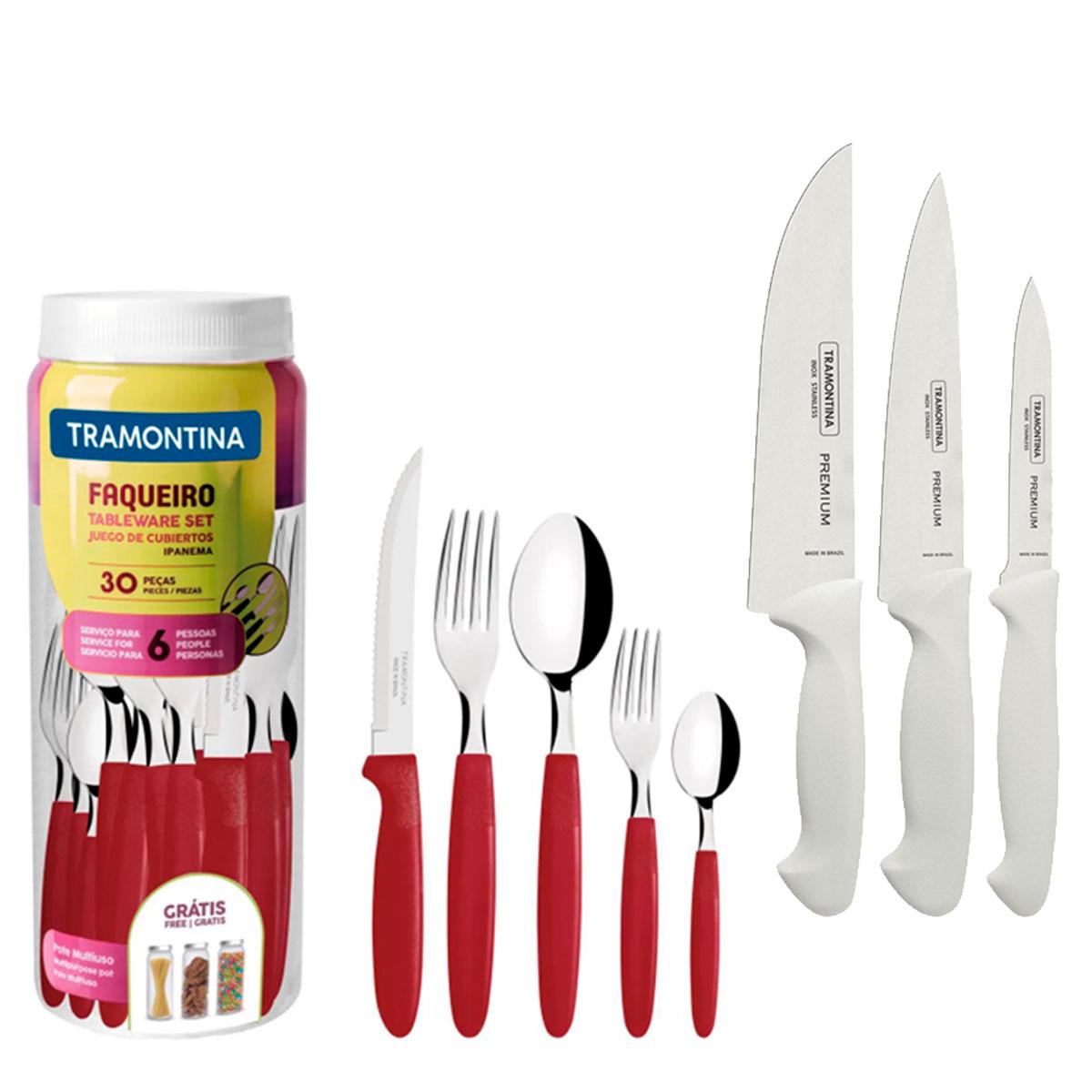 Kit - Faqueiro Premium 3 Peças + 1 Faqueiro 30 Peças Ipanema Vermelho - Tramontina