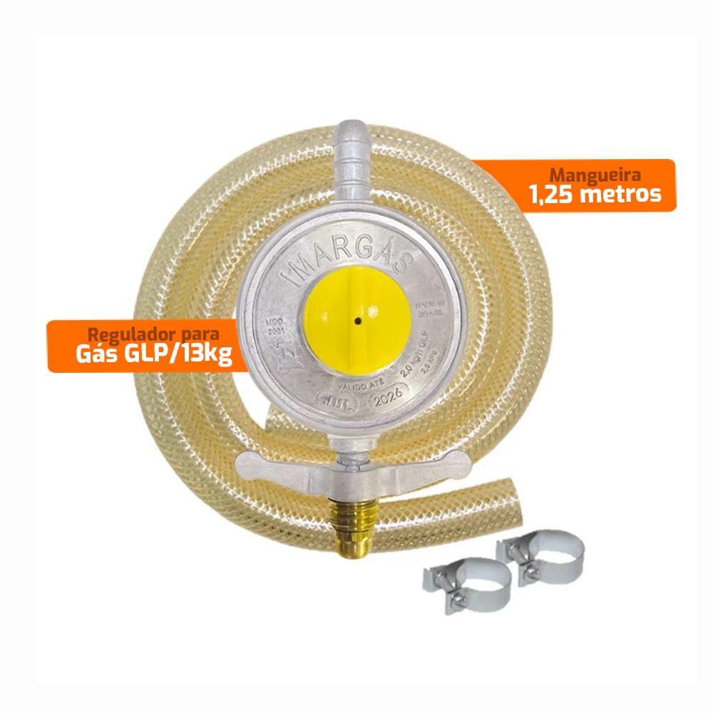 Kit Regulador de Gás Completo Baixa Pressão 2kg com Válvula, Mangueira 1,25m e 2 Abraçadeiras - Imar