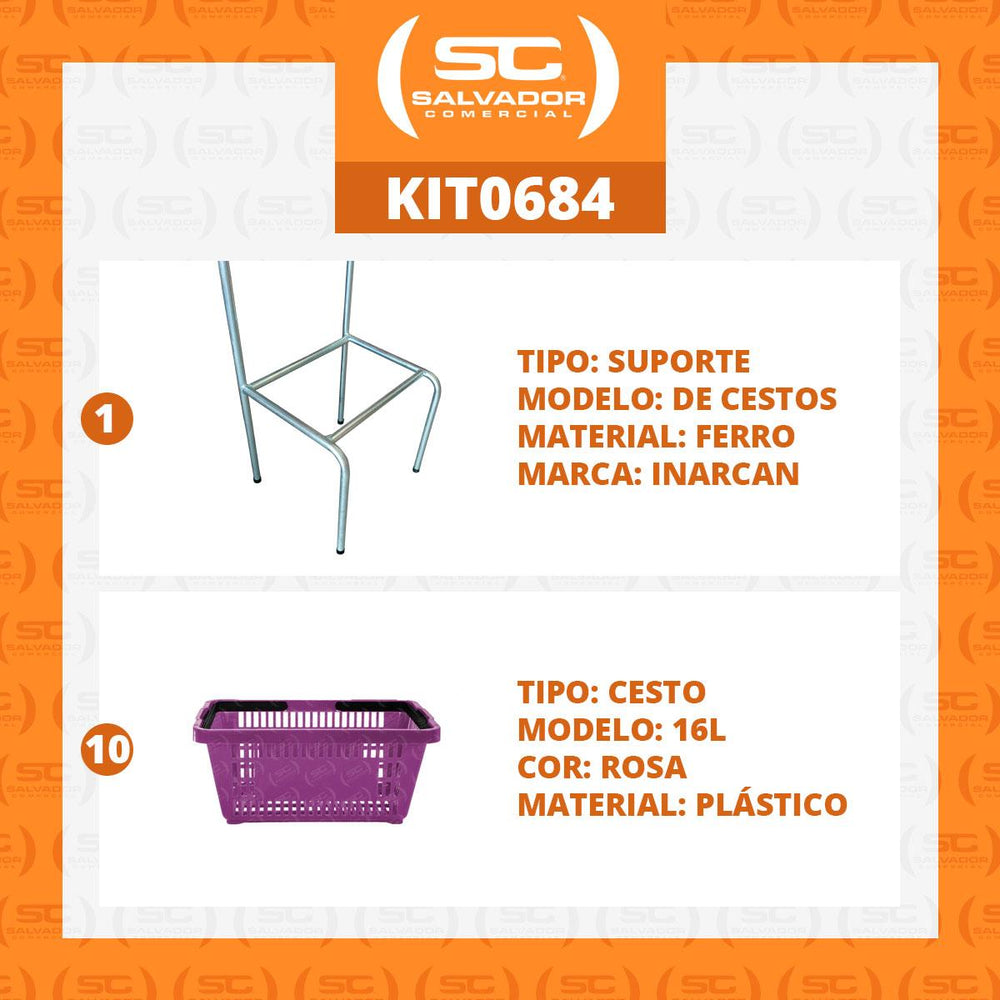 Kit Suporte Para Cestos De Compras Simples + 10 Cestos D100 Rosa
