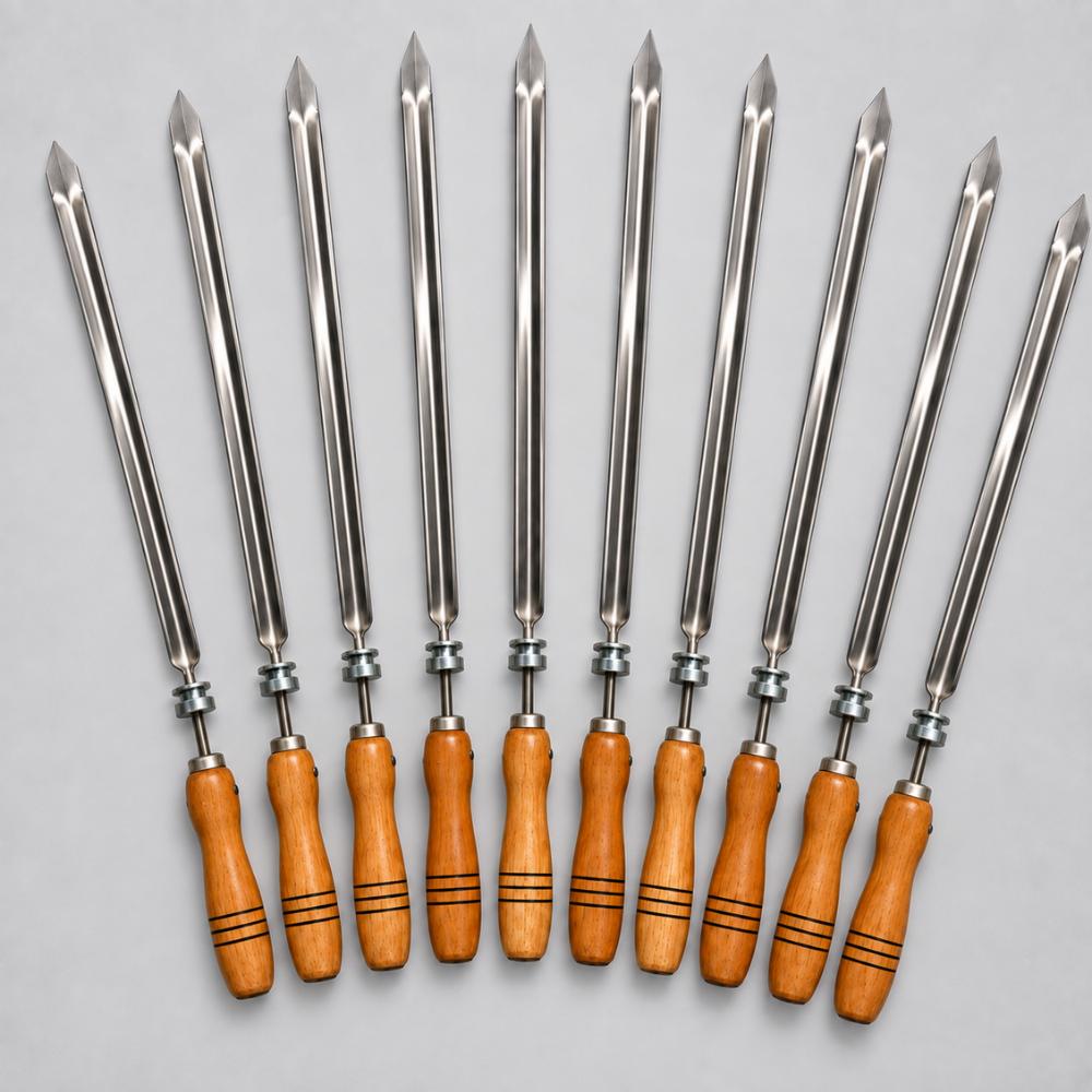 Conjunto de 10 Espetos Giratorios Simples Com Cabo de Madeira