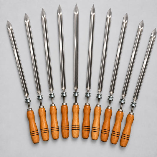 Conjunto de 10 Espetos Giratorios Simples Com Cabo de Madeira 70cm - Progás