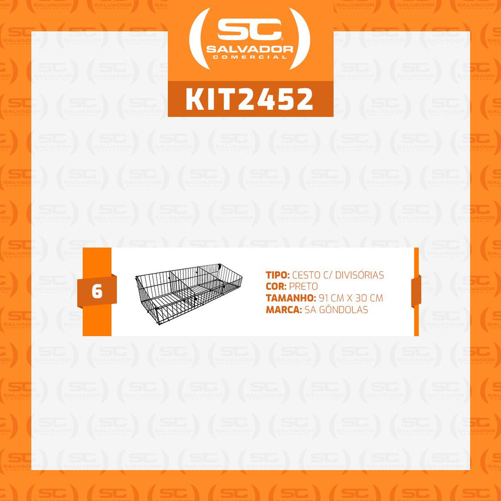 Kit 6 Cestos 30cm Com Divisórias Preto New Plus - SA Gôndolas