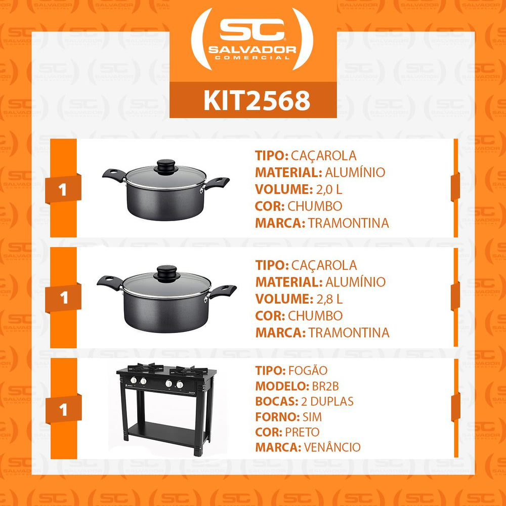 Kit Fogão Industrial 2 Bocas Bravo Preto Venâncio + 2 Caçarolas Tramontina Turim