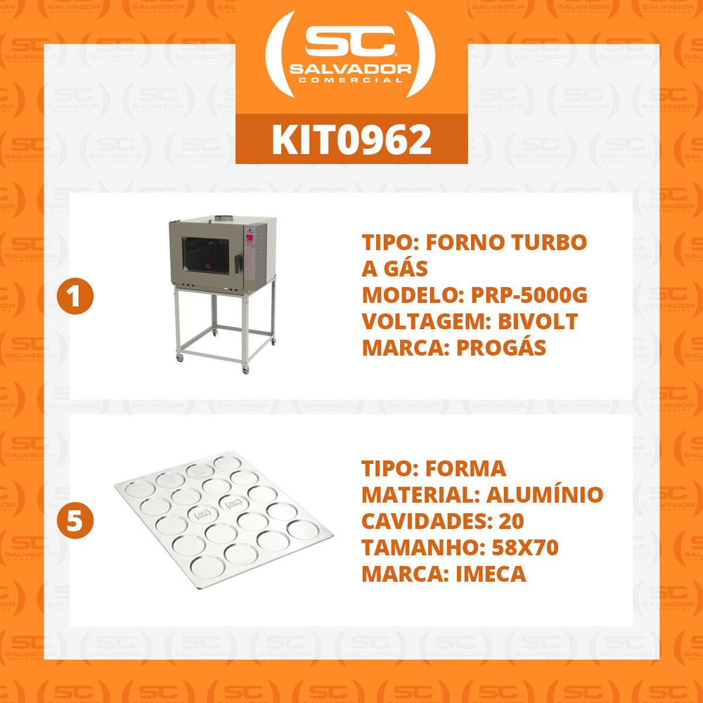Kit Forno Turbo a Gás 5 Níveis PRP-5000 Bivolt Progás + 5 Assadeiras Pão 20 Cav. Alu. 58x70