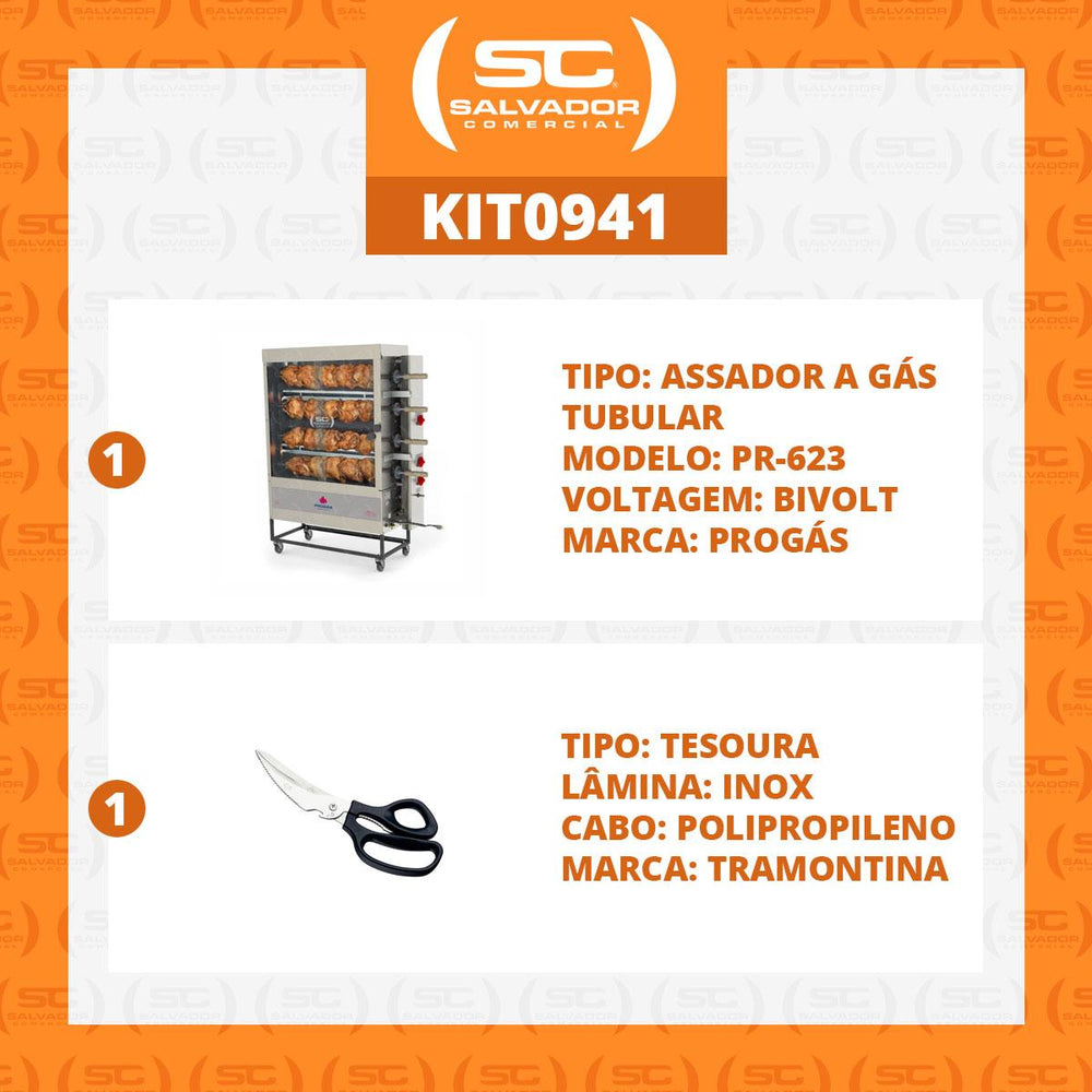 Assador de Frango Rotativo Profissional a Gás 4 Espetos Tubular PR-623 Bivolt Progás + Tesoura Multifuncional Tramontina