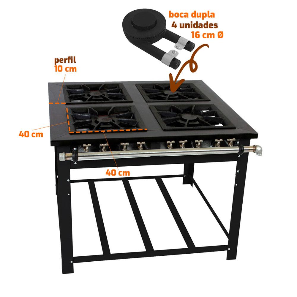 Fogão Industrial 4 Bocas Duplas a Gás Baixa Pressão Maxi Com pé e Espera Para Forno M4D4E - Venâncio