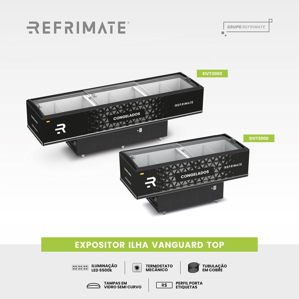 Expositor Ilha Vanguard Top Congelados Resfriados 800L Vidro Semicurvo 3,00m EIVT 3000 127V Refrimate