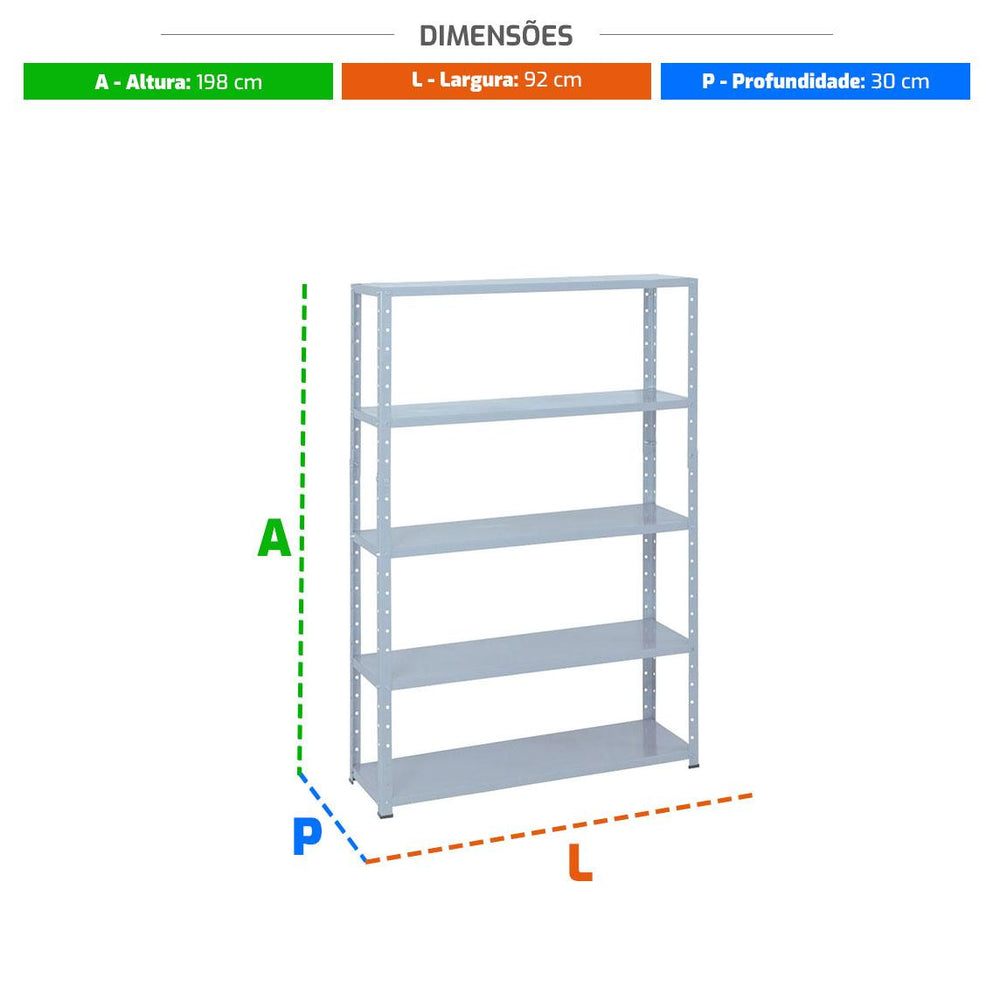 Estante Leve 5 Bandejas 30cm Sem Reforço 198x92x30 Cinza - Sa Gôndolas
