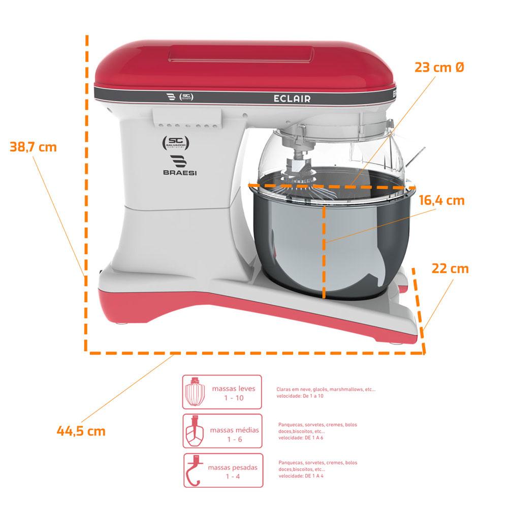 Batedeira Planetária Profissional Eclair 10 Velocidades 5l 1500w Bp-500 Vermelha Bivolt - Braesi