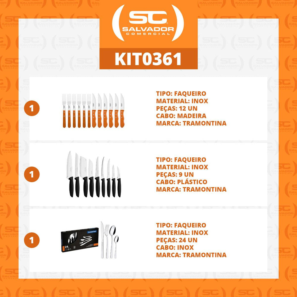 Kit Jogo de Churrasco Inox 12 Peças + 1 Conjunto Facas 9pç + 1 Faqueiro Inox 24pç - Tramontina