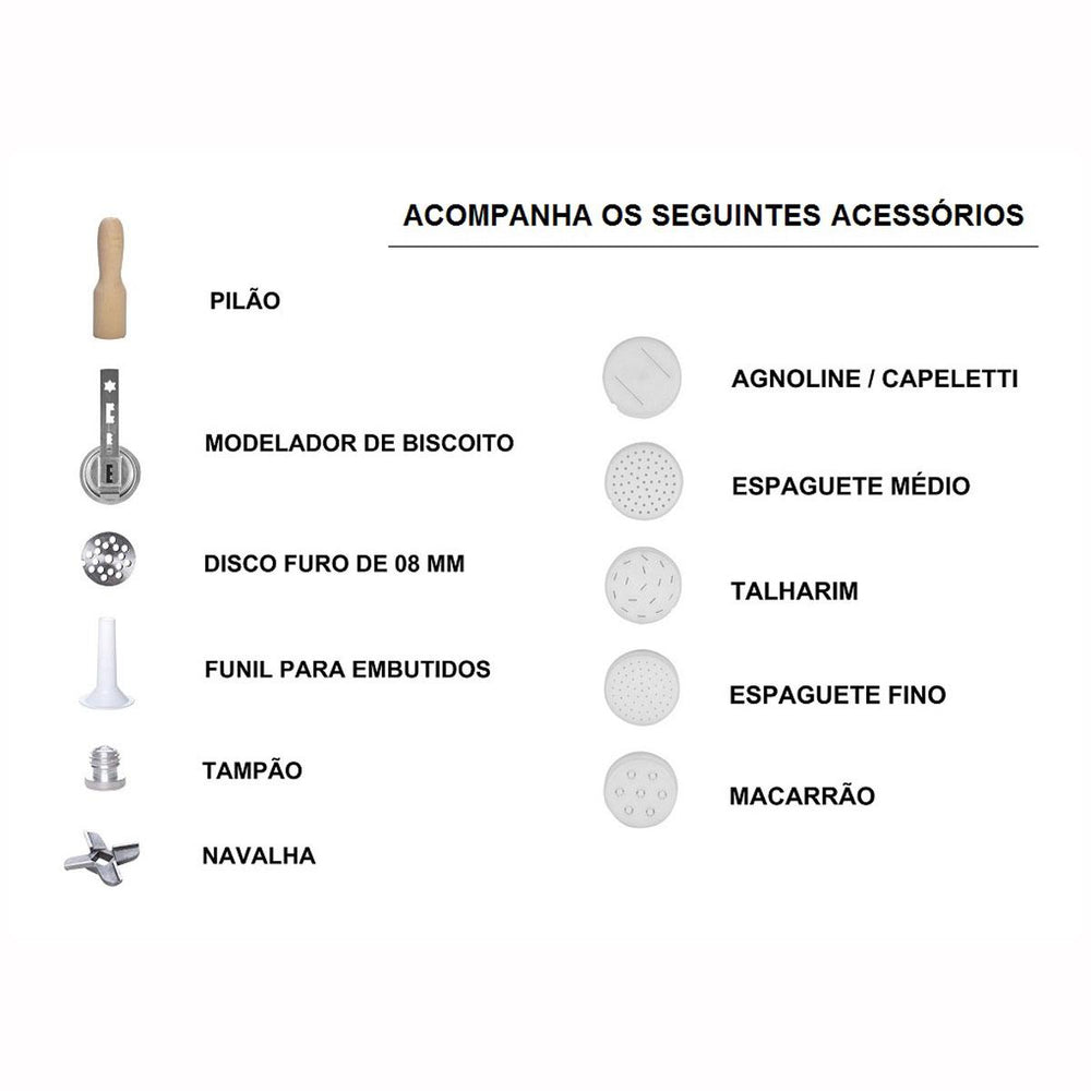 Moedor De Carne e Extrusor Massa Pro Branco Boca 08 Motor 1/3 CV 127V - Anodilar