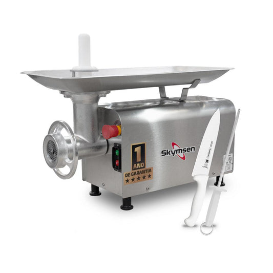 Picador Moedor de Carne Açougue Profissional 0,5Cv Boca 10 Ps-10m 127v Skymsen + Faca + Chaira