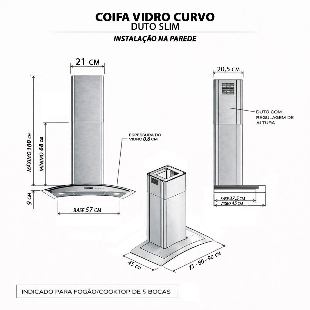 Coifa e Depurador Parede em Inox e Vidro Curvo 90cm Duto Slim CVC90 Slim 220V - Nardelli 50011030-2