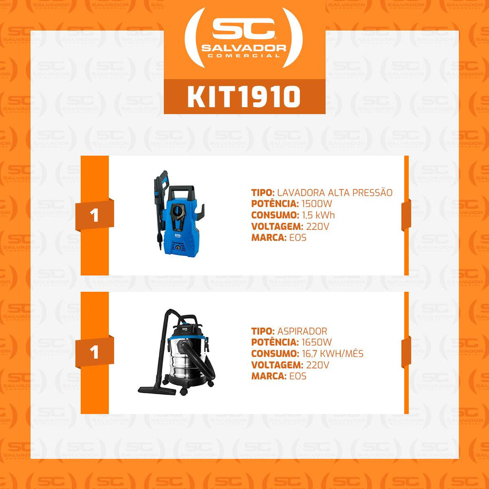 Kit Lavadora De Alta Pressão ELP3000 Lava Jato + Aspirador De Pó e Água EAI20I 220V - EOS