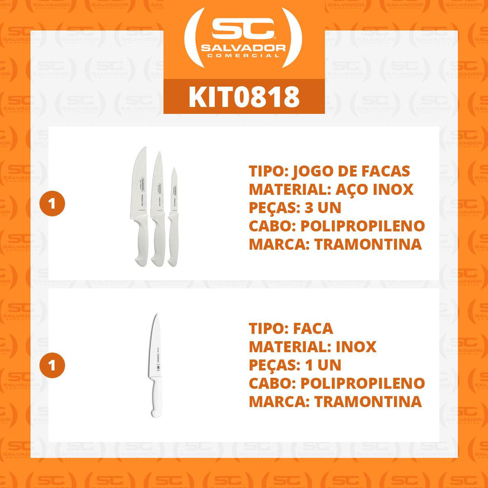 Kit Faqueiro Premium 3 Peças + 1 Faca de Carne Profissional 6 Pol - Tramontina