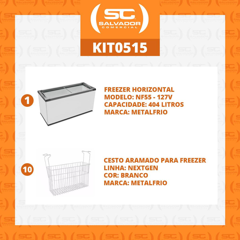 Kit - Freezer Horizontal Tampa de Vidro 405/505 Litros Nf55 - Metalfrio 127v + 10 Cestos Nextgen Branco