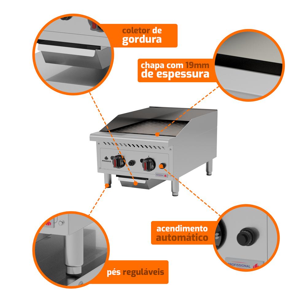 Chapa Lanche Bifeteira a Gás Profissional Para Lanchonetes Inox 45cm PRO-45CH - Progás P44602