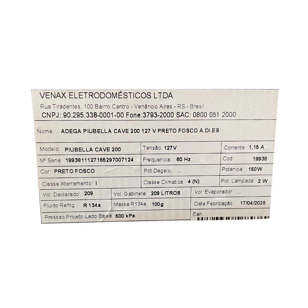 SEMINOVO - Adega Piubella 200 Para 50 Garrafas Preto Porta Invertida 127V - Venax