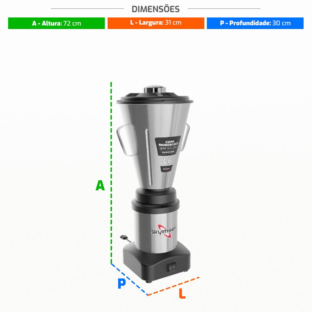 Liquidificador De Baixa Rotação Comercial Inox 6 Litros Monobloco 1/2 CV 3500RPM L6 Bivolt - Skymsen 70981.6
