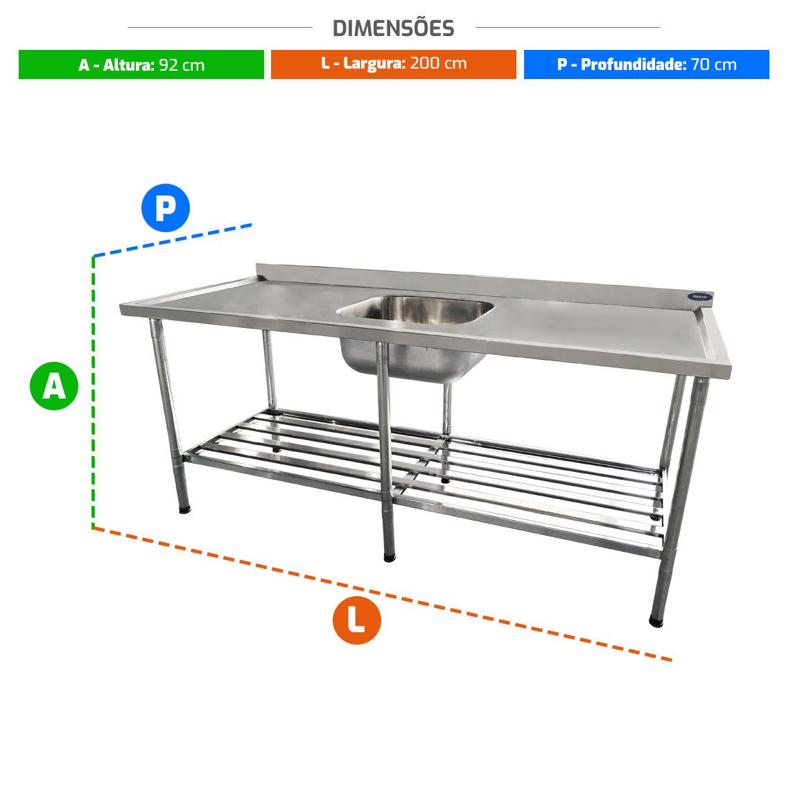 Bancada Mesa 200x70 Inox 430 Com 1 Cuba 50x40x25 Com Grade Inferior - Imeca 6814