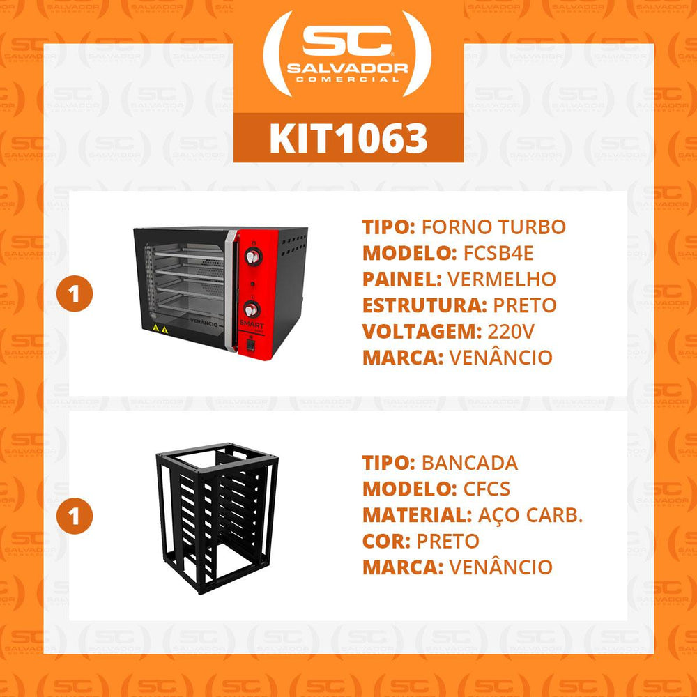 Kit Forno Turbo Convector Smart Preto e Vermelho FCSB4E 220V + Bancada CFCS Preto - Venâncio