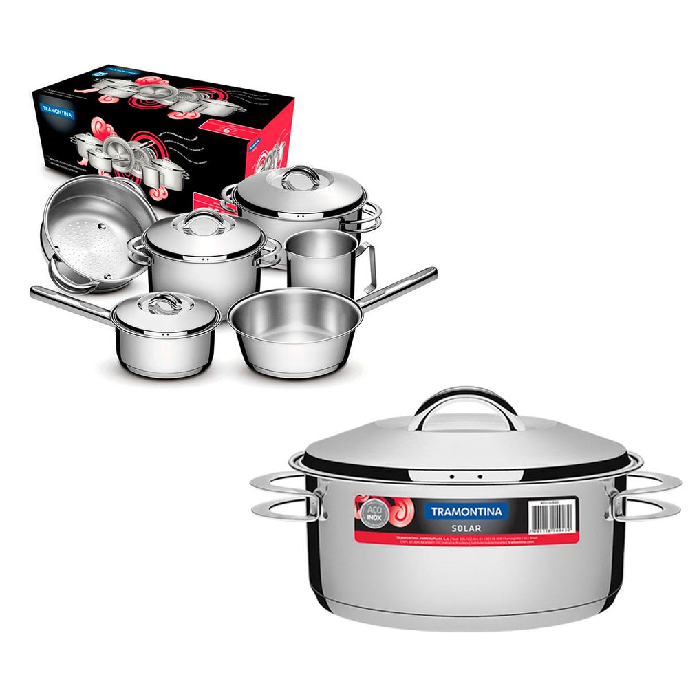 Kit Conjunto de Panealas Inox 6 Pcs Solar + Panela Inox Fundo Triplo Solar 4,7l - Tramontin