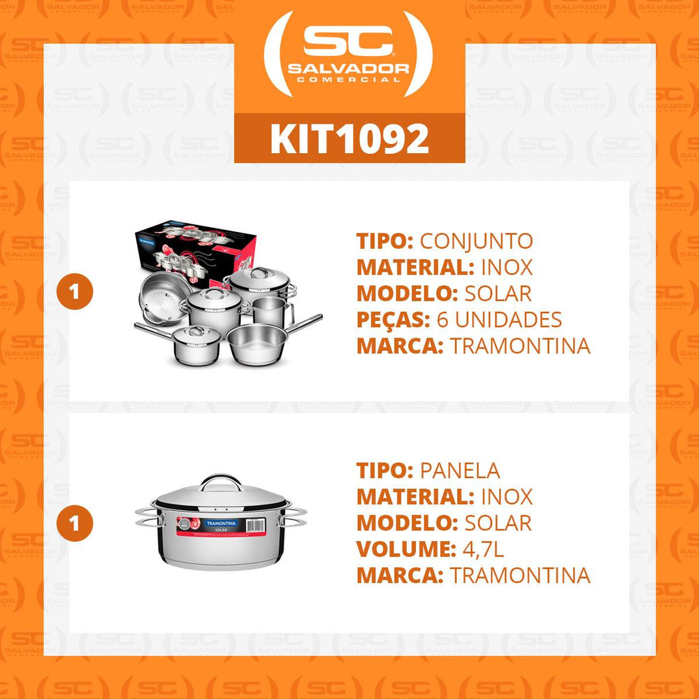 Kit Conjunto de Panealas Inox 6 Pcs Solar + Panela Inox Fundo Triplo Solar 4,7l - Tramontin