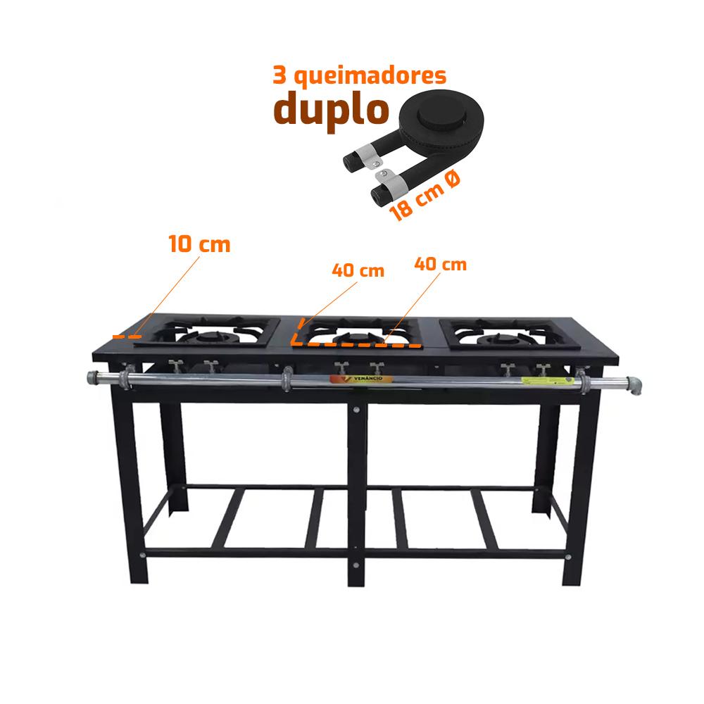 Fogão Industrial 3 Bocas Duplas  a Gás Baixa Pressão com Espera Para Forno M3PD3 - Venâncio 20632