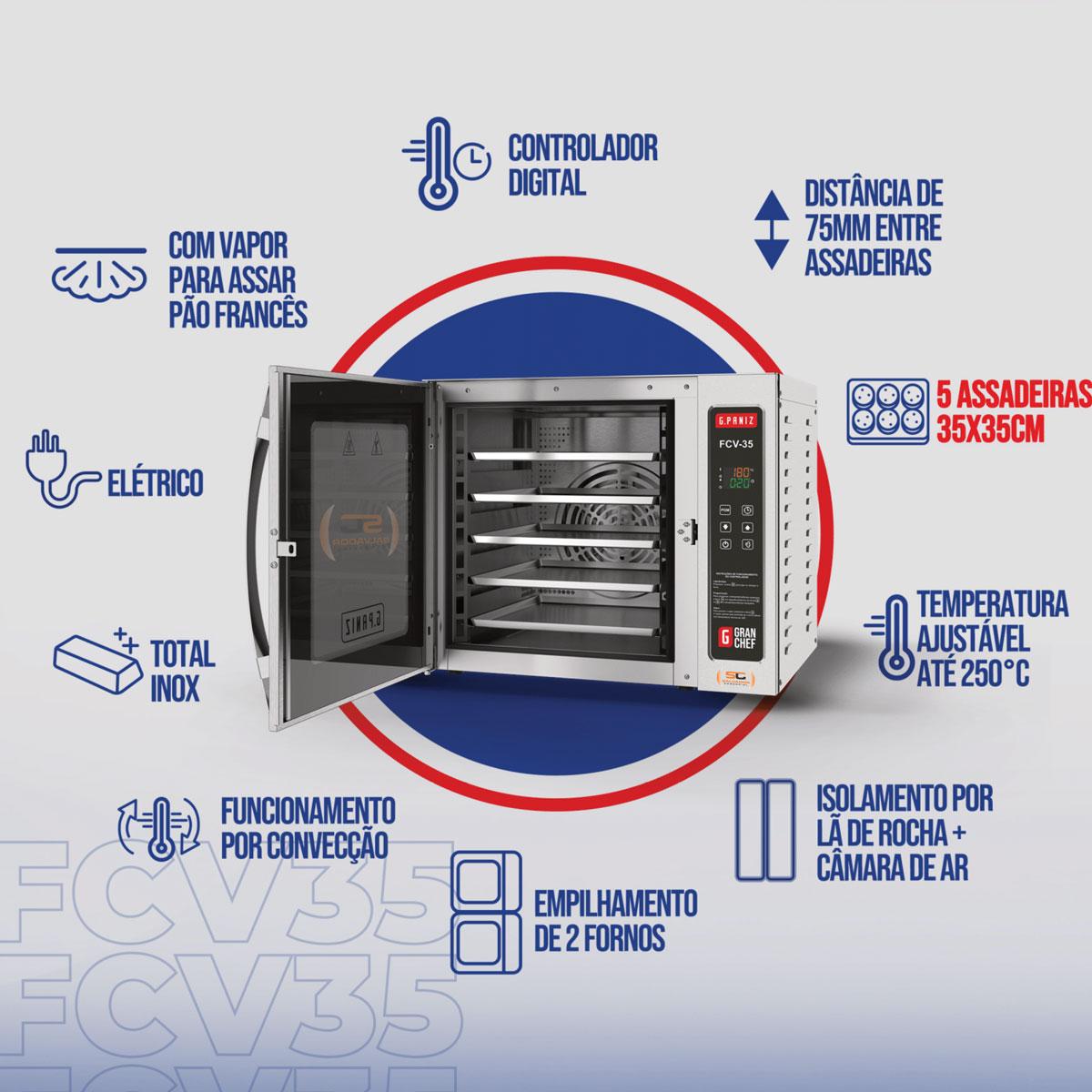 Forno Turbo Convector Vapor 5 Esteiras 75 Litros FCV35 - Gpaniz 220V