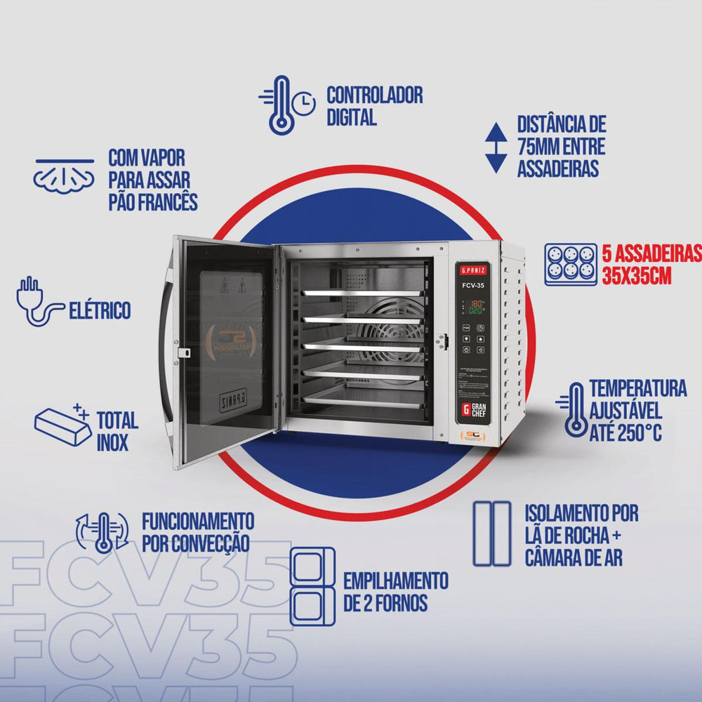 Forno Turbo Convector Vapor 5 Esteiras 75 Litros FCV35 - Gpaniz 220V