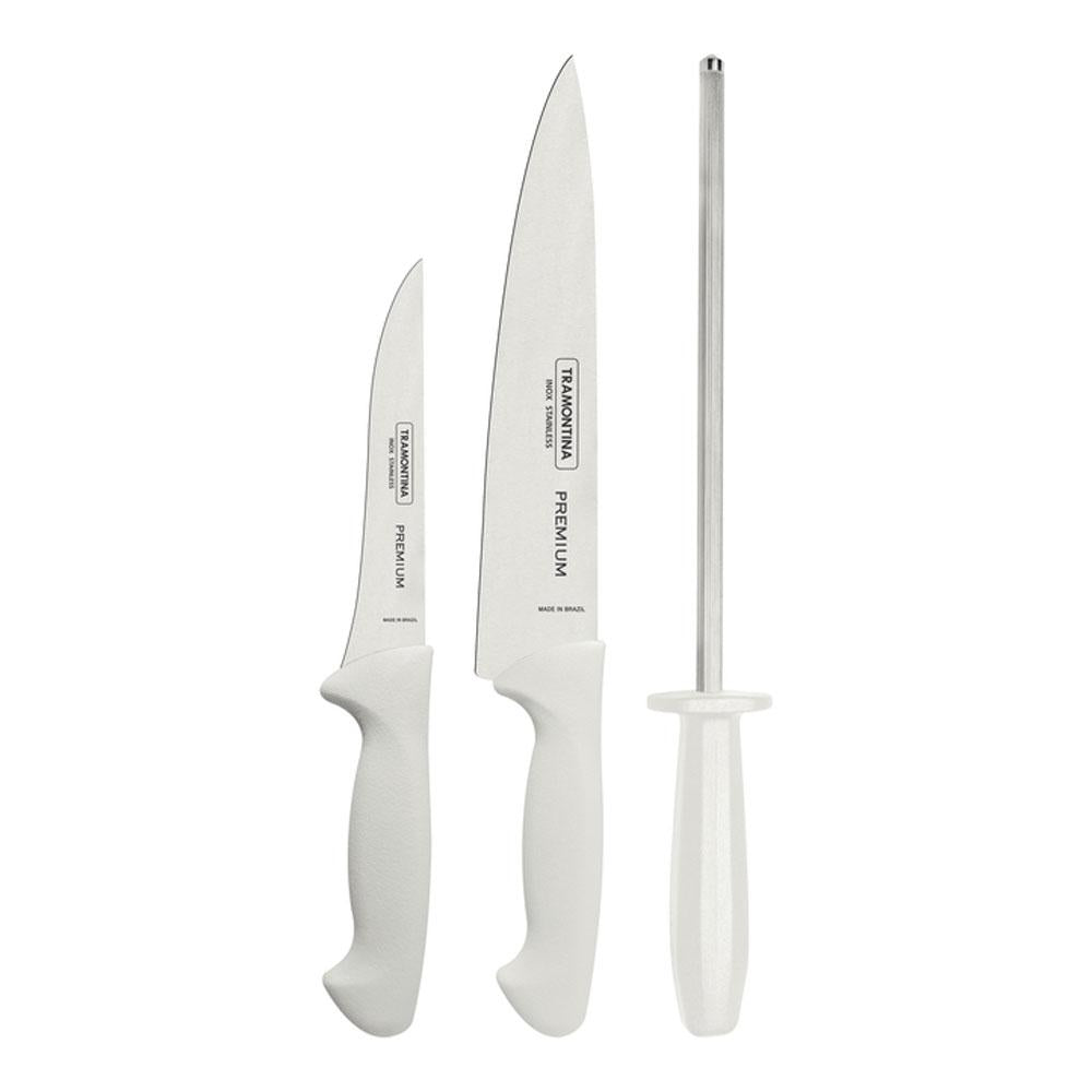 Jogo Facas Lamina inox Premium Profissional Cabo Branco 3 Peças com Chaira - Tramontina 24499812