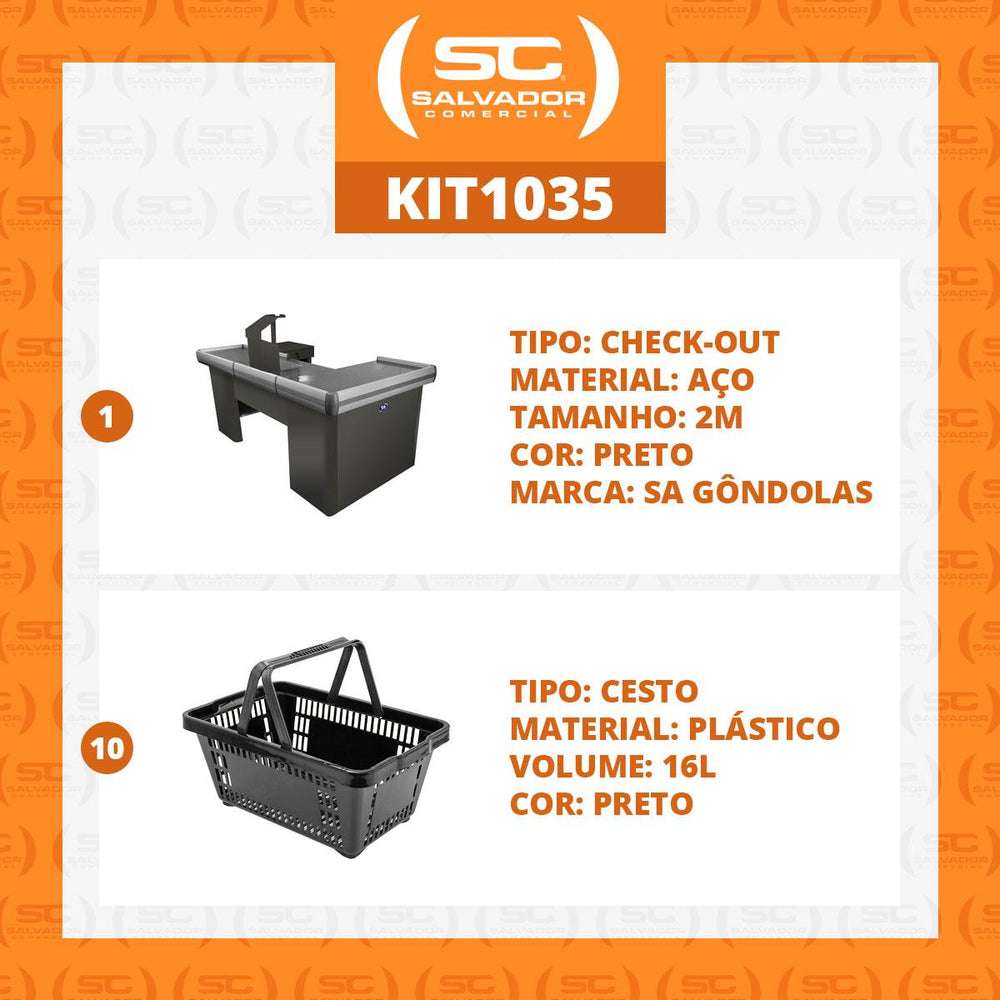 Kit Caixa De Supermercado Empacotador Check-Out 2,00m Recorte + 10 Cestos De Compras Preto