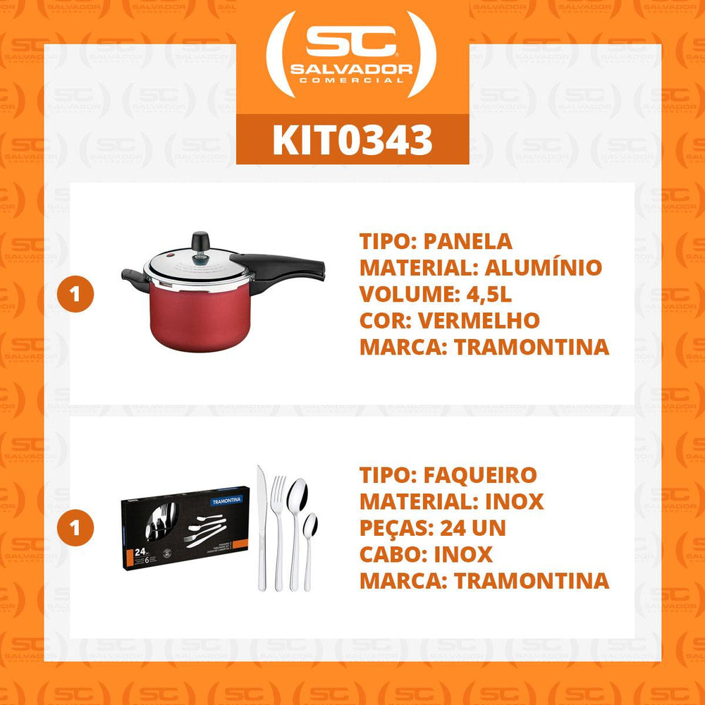 KIT - Panela de Pressão 4,5 Vancouver Vermelha + 1 Faqueiro Inox 24pç - Tramontina