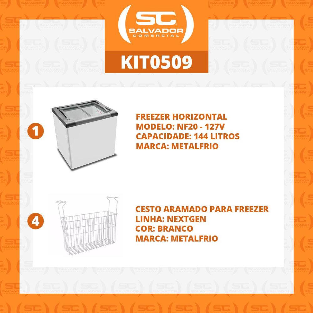 Kit Freezer Horizontal Tampa De Vidro 144/185 Litros NF20 - Metalfrio 127V + 4 Cestos Nextgen Branco