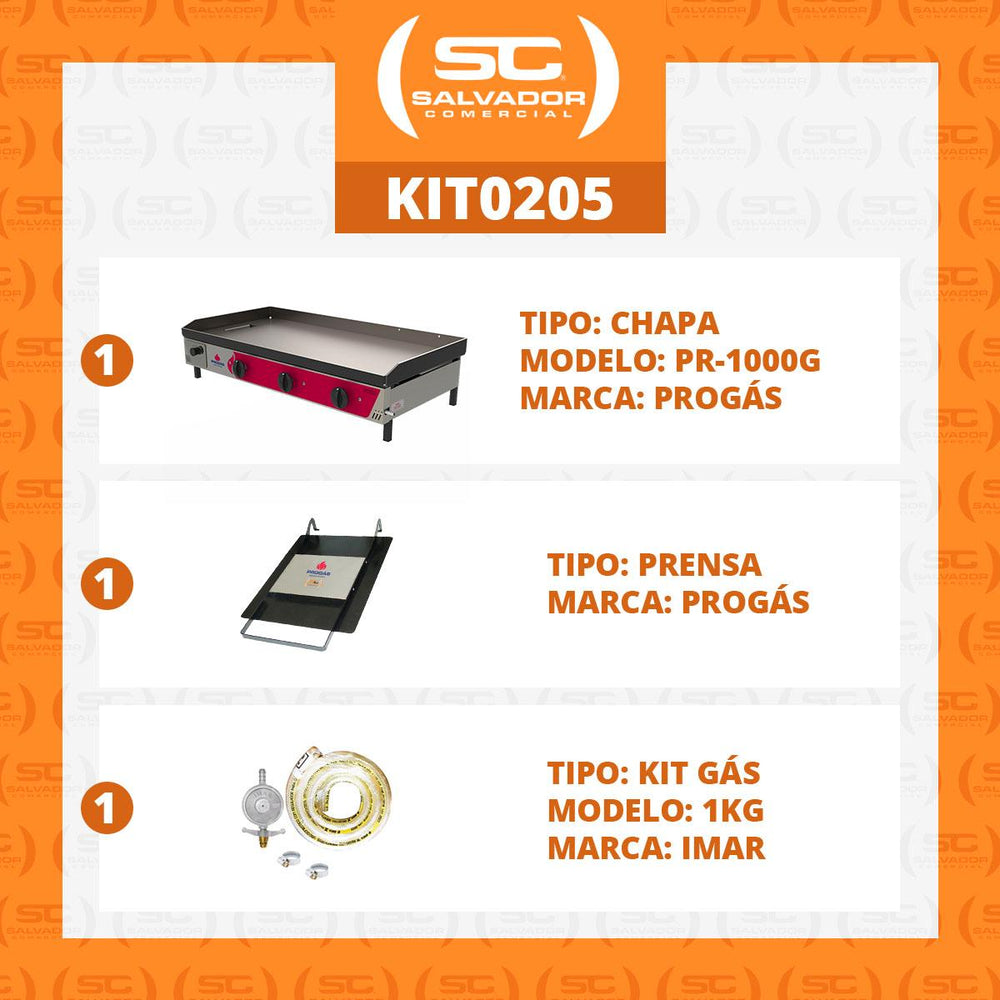 Kit - Chapa Lanche Bifeteira a Gás Profissional Inox PR-1000G + Prensa Pão + Kit Gás - Progás